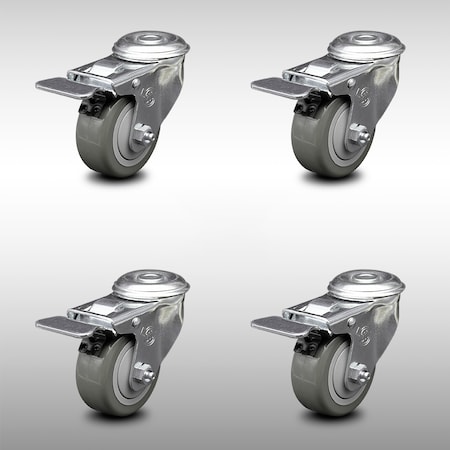 Service Caster 3 Inch SS Gray Polyurethane Swivel Bolt Hole Caster Set with Total Lock Brake SCC-SSBHTTL20S314-PPUB-4